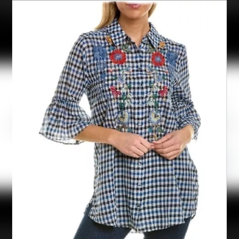 Johnny Was Workshop Blue & White Taryn Floral Gingham Peplum Tunic Top Sz Medium